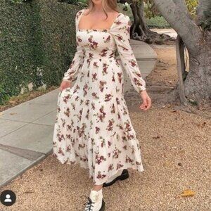 Reformation Floral Midi Dress in Cream and Purple